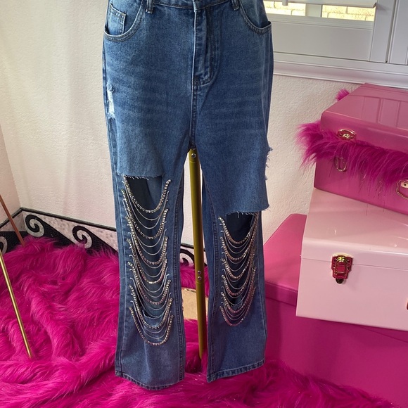 Blue Straight Leg Jeans with Chain Details - Picture 2 of 6